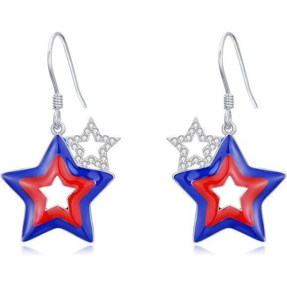 925 Sterling American Flag Independence Day Dangle Earring for Women - Picture 1 of 6
